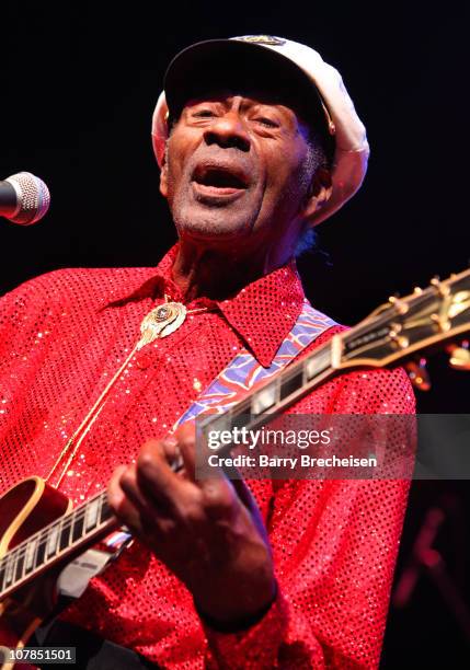 Chuck Berry performs at the Congress Theater on January 1, 2011 in Chicago, Illinois.