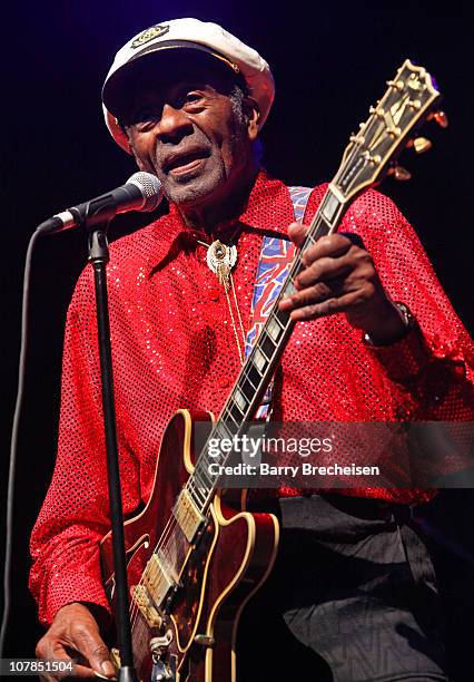 Chuck Berry performs at the Congress Theater on January 1, 2011 in Chicago, Illinois.