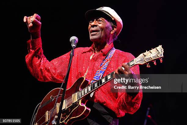 Chuck Berry performs at the Congress Theater on January 1, 2011 in Chicago, Illinois.