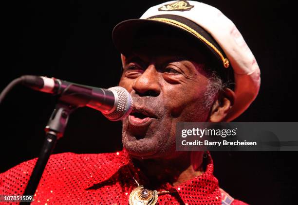 Chuck Berry performs at the Congress Theater on January 1, 2011 in Chicago, Illinois.