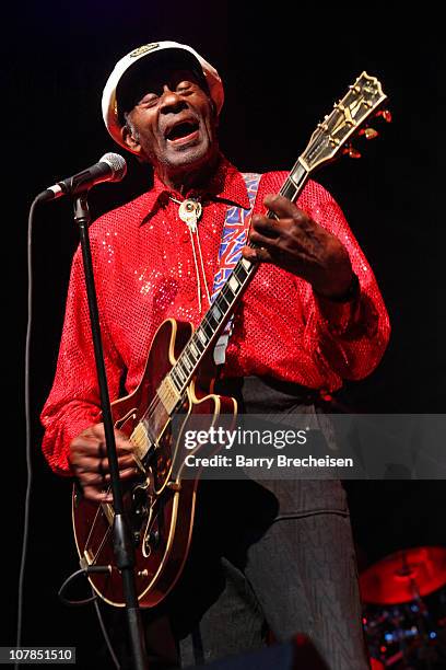 Chuck Berry performs at the Congress Theater on January 1, 2011 in Chicago, Illinois.