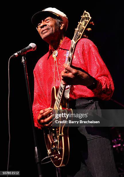 Chuck Berry performs at the Congress Theater on January 1, 2011 in Chicago, Illinois.