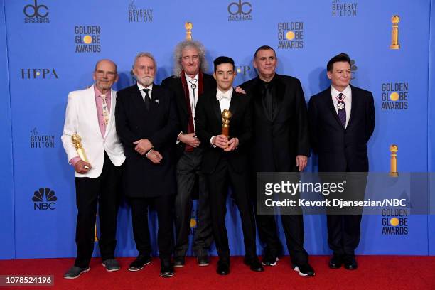 76th ANNUAL GOLDEN GLOBE AWARDS -- Pictured: Best Motion Picture - Drama winners Jim Beach, Roger Taylor and Brian May of Queen, Rami Malek, Graham...