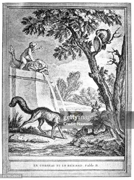 the crow and the fox, illustration by jean-baptiste oudry (1686-1755) for the fable by jean de la fontaine (1621-1695) - fox chasing stock illustrations