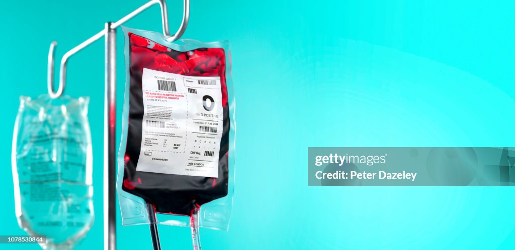 IV blood bag and saline drip on hospital stand with copy space