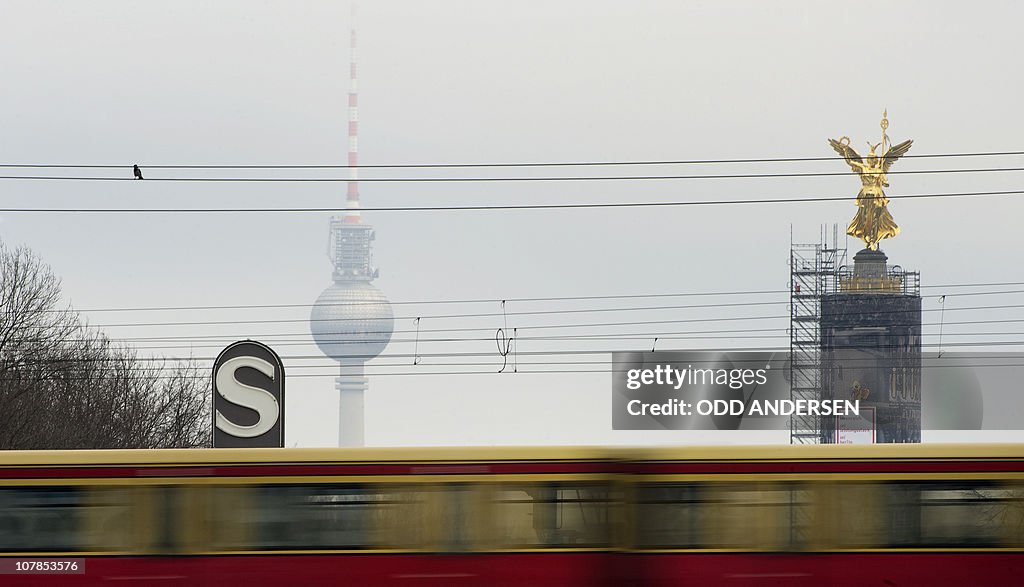 An S-Bahn commuter train passes in front
