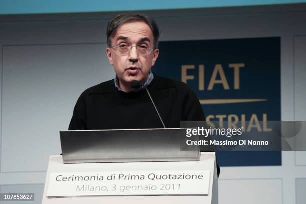 Fiat CEO Sergio Marchionnespeaks ats the launch of Fiat Industrial's debut on the Stock Market on January 22, 2011 in Milan, Italy. Industrial Fiat...
