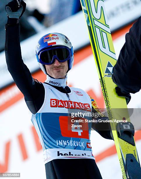 Adam Malysz of Poland takes 2nd place during the FIS Ski Jumping World Cup Vierschanzentournee on January 3, 2011 in Innsbruck, Austria.