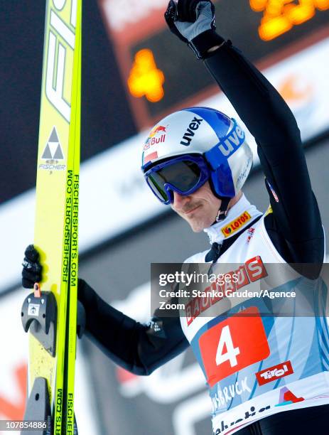 Adam Malysz of Poland takes 2nd place during the FIS Ski Jumping World Cup Vierschanzentournee on January 3, 2011 in Innsbruck, Austria.