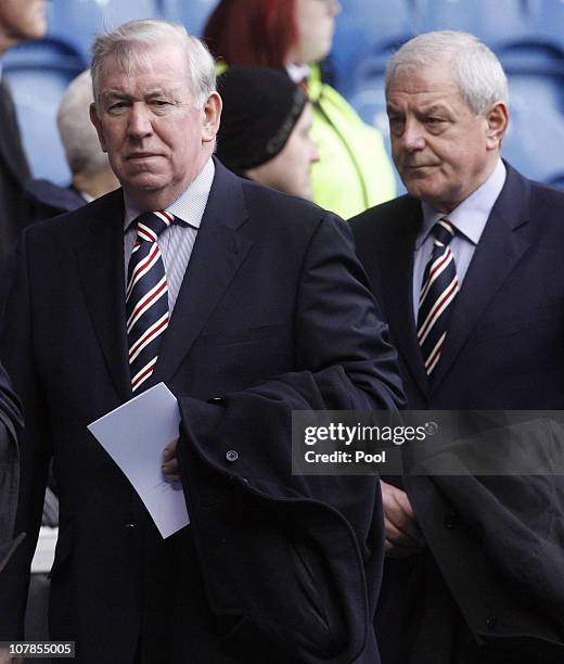 Former Rangers player John Greig and Manager Walter Smith attend the service to commemorate the 40th Anniversary Memorial of the Ibrox Disaster held...