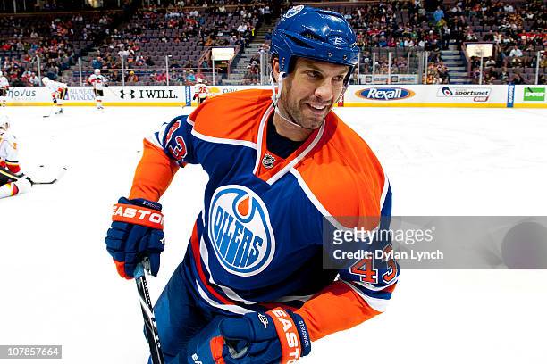 Jason Strudwick of the Edmonton Oilers smiles during a warm-up drill before a game against the Calgary Flames at Rexall Place on January 1, 2011 in...