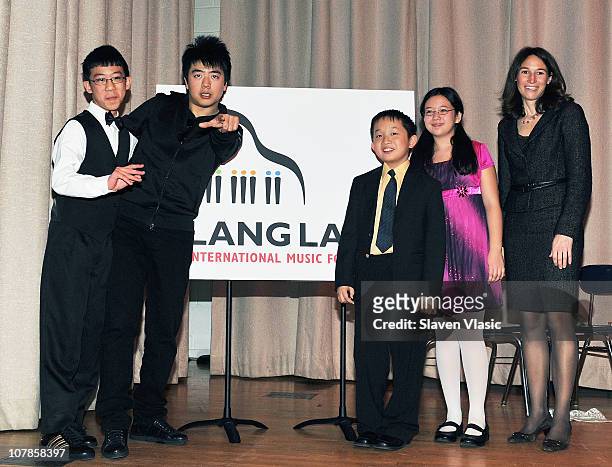 Pianist Lang Lang , Lang Lang International Music Foundation scholars Derek Wang, Charlie Liu, Anna Larsen and Executive Director of Lang Lang...