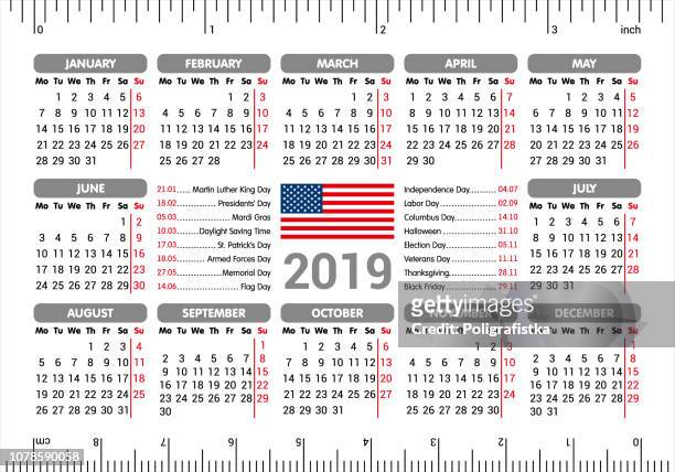 2019 calendar - usa flag and holidays, ruler / starting monday / vector illustration - inch stock illustrations