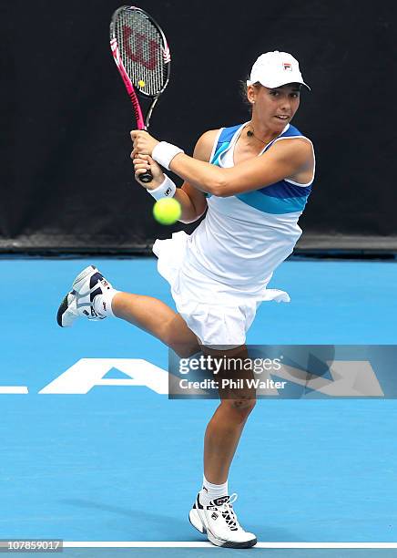 Marina Erakovic of New Zealand plays a backhand during her match against Elena Vesnina of Russia during day two of the ASB Classic at the ASB Tennis...