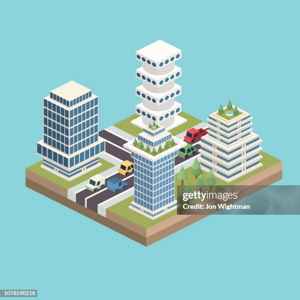 modular isometric tile - tall business tile - trees from above stock illustrations