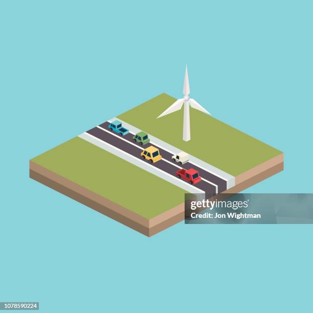 modular isometric tile - wind turbine with road and vehicles - overhead car view stock illustrations