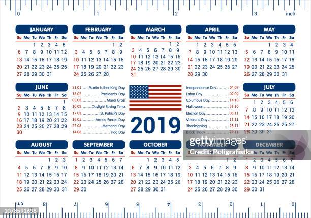 2019 calendar - usa flag and holidays, ruler / starting sunday / vector illustration - inch stock illustrations