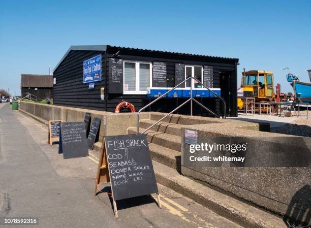 fresh fish shop beside the beach in aldeburgh, suffolk - aldeburgh stock pictures, royalty-free photos & images