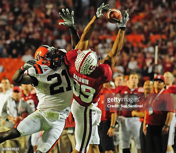 Virginia Tech's Rashad Carmichael breaks up a pass intended for Stanford's Doug Baldwin during the Discover Orange Bowl on Monday, January 3 at Sun...