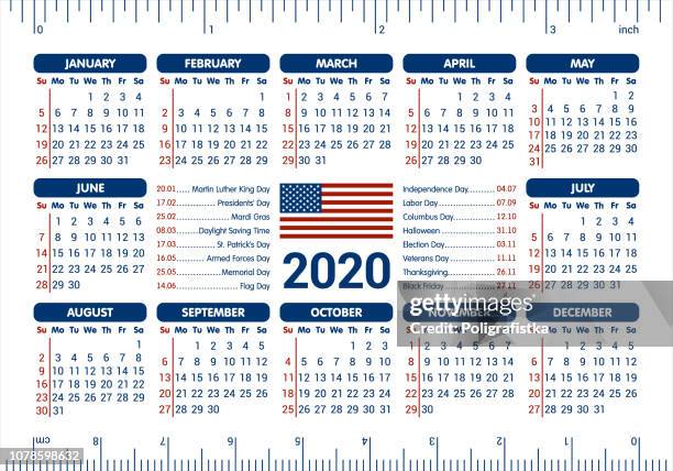 2020 calendar - usa flag and holidays, ruler / starting sunday / vector illustration - inch stock illustrations