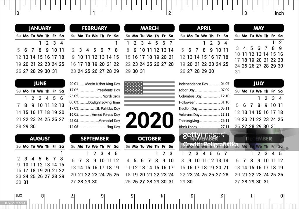 Calendario 2020 - Bandiera e festività USA, righello / domenica di inizio / illustrazione vettoriale