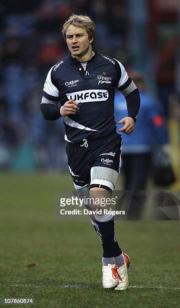 Mathew Tait of Sale looks on during the Aviva Premiership match between Sale Sharks and Saracens at Edgeley Park on January 2, 2011 in Stockport,...