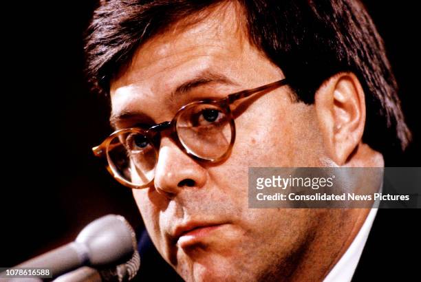 Close-up of United States Deputy Attorney General William P Barr as he testifies before the US Senate Committee on the Judiciary during his...