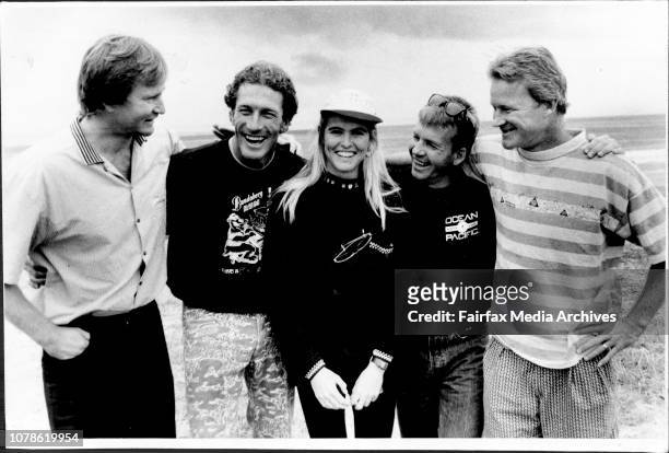 All Smiles before the storm...Two-time Coca-Cola Surfabout Winner Simon Anderson shares a joke with fellow surf stars Nat Young, Pam Burridge, Gary...