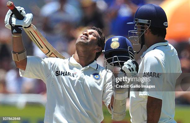 Sachin Tendulkar of India celebrates his 51st Test century during day 3 of the 3rd Test match between South Africa and India at Newlands Stadium on...