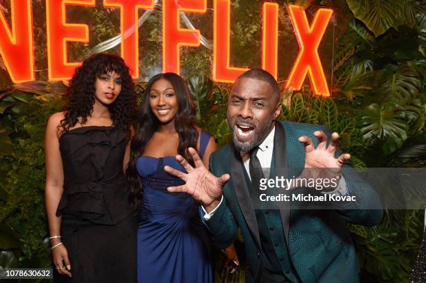 Sabrina Dhowre, Isan Elba, and Idris Elba attend the Netflix 2019 Golden Globes After Party on January 6, 2019 in Los Angeles, California.