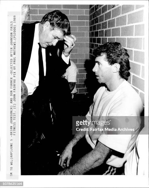 State of Origin team medical at sports stadium.Brian Johnston and Don Furner dejected after Johnson fails fitness test. June 5, 1989. .