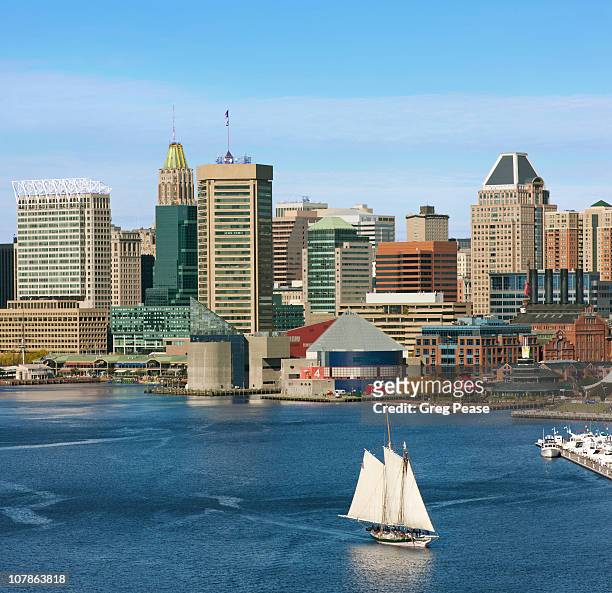 baltimore city skyline and inner harbor - baltimore maryland daytime stock pictures, royalty-free photos & images