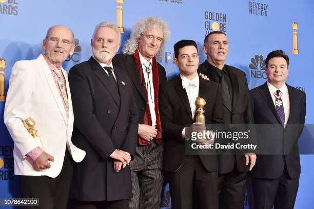 Jim Beach, Roger Taylor, Brian May, Rami Malek, Graham King an Mike Myers attend the 76th Annual Golden Globe Awards - Press Room at The Beverly...