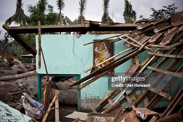 Home sits destroyed after volcanic mudflows forced evacuations on January 4, 2011 in Magelang, Central Java, near in Yogyakarta, Indonesia. Heavy...