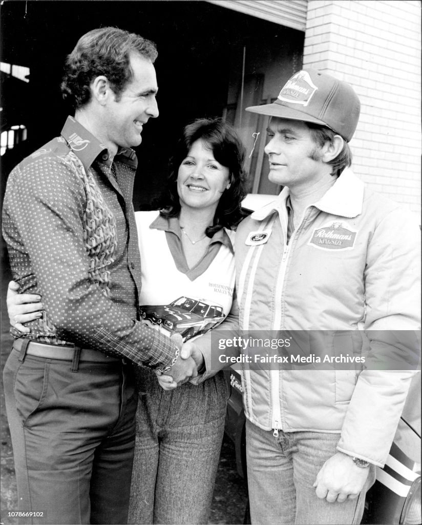 Cortinas off For Reliability Trial - Colin Bond (left) being farewelled by the new Australian touring car champion, Bob Morris, (right) at Bond's Gladesville workshop. Looking on is Bond's wife, Robyn.The three works Ford Cortinas that have been prepared