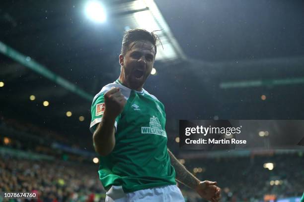 Martin Harnik of SV Werder Bremen celebrates scoring the second goal during the Bundesliga match between SV Werder Bremen and Fortuna Duesseldorf at...