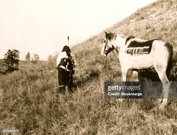 Rear view of Sioux Indian carrying rifle in front of pony, 1900.