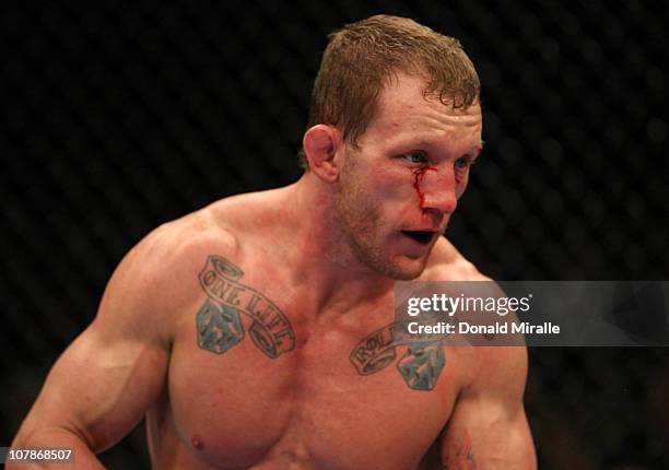 Gray Maynard readies himself during his bout with Frankie Edgar at UFC 125: Resolution at the MGM Grand Garden Arena on January 1, 2011 in Las Vegas,...