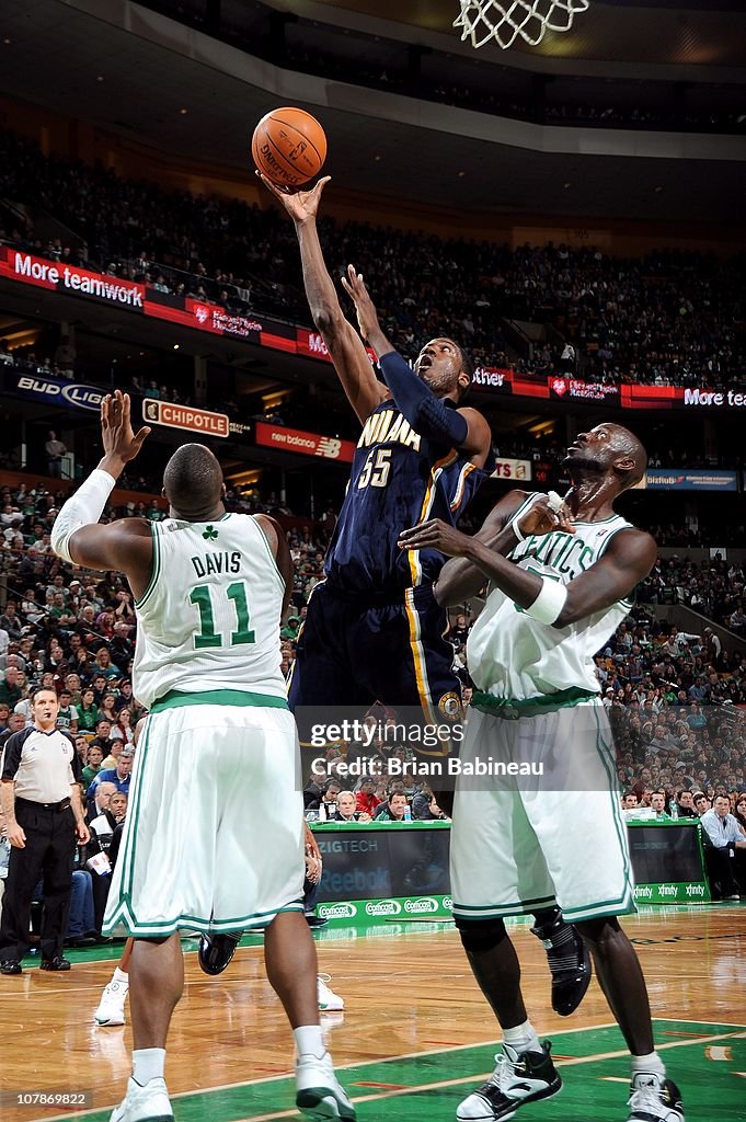 Roy Hibbert of the Indiana Pacers puts up a shot against Glen Davis ...