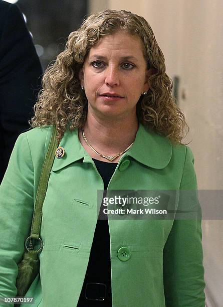 Rep. Debbie Wasserman Schultz walks toward a House Democrat caucus meeting on January 4, 2011 in Washington, DC. The new 112th Congress is due to be...