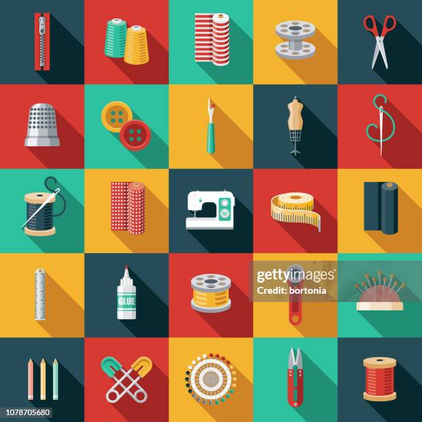 sewing supplies flat design icon set - mannequin stock illustrations
