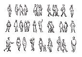 People sketch. Casual group of people silhouettes. Outline hand drawing illustration