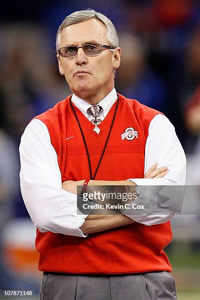 Head coach Jim Tressel of the Ohio State Buckeyes looks on before the Allstate Sugar Bowl against the Arkansas Razorbacks at the Louisiana Superdome...