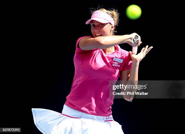 Yanina Wickmayer of Belguim plays a forehand during her match against Sabine Lisicki of Germany on day three of the ASB Classic at the ASB Tennis...