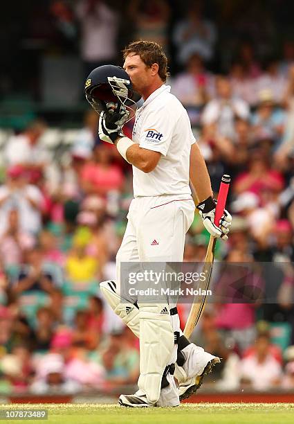 Ian Bell of England kisses his helmet after scoring his century during day three of the Fifth Ashes Test match between Australia and England at...