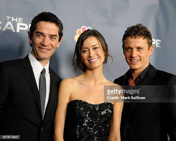 Actors David Frain, Summer Glau and David Lyons arrive for NBC's "The Cape" premiere party at The Music Box @ Fonda on January 4, 2011 in Hollywood,...