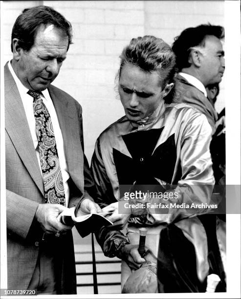 Shane Dye with Max.The Good Book: Shane Dye with Max Lees, trainer of Janelle Again, study the form *****. February 13, 1993. .