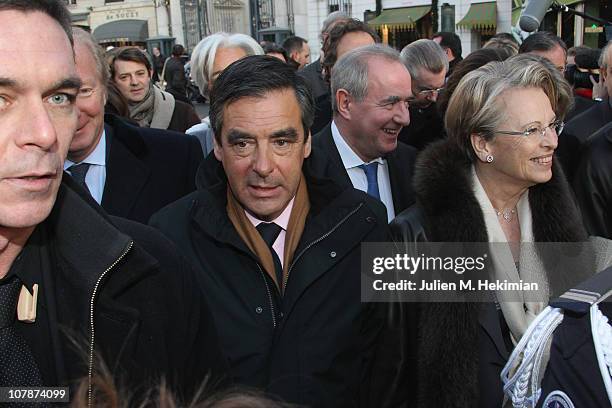 Prime Minister Francois Fillon and Michele Alliot Marie leave the French Ministry of Interior at Place Beauvau to attend the first weekly cabinet...