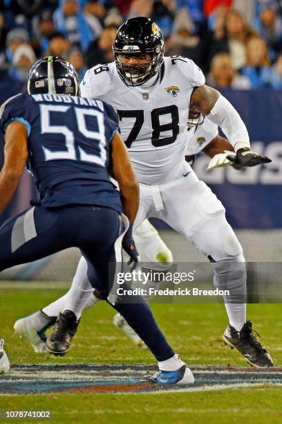 Jermey Parnell of the Jacksonville Jaguars plays against the Tennessee Titans at Nissan Stadium on December 6, 2018 in Nashville, Tennessee.