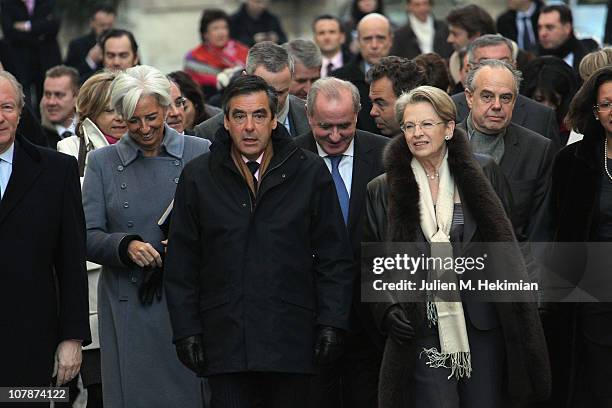 Christine Lagarde, Prime MInister Francois Fillon, Michele Alliot Marie and Frederic Mitterrand leave the French Ministry of Interior at Place...